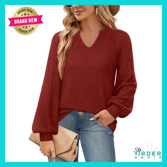 Chunky Knit V-Neck Pullover Sweater Oversized Slouchy Casual Lantern Sleeve - Picture 3 of 8